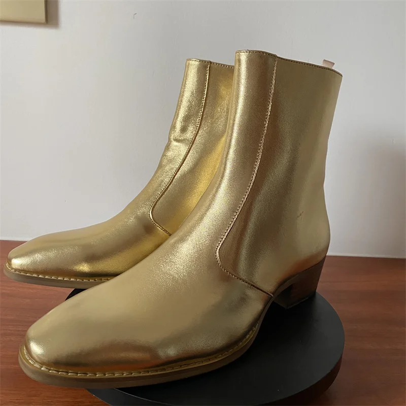 

Black& Street Real Picture Gloden Leather Slip Fit Gentleman Dress Party Wedding Luxurious Boots