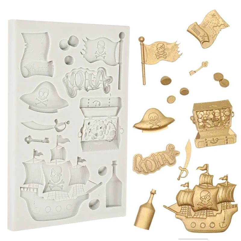 Skull Pirate Ship Silicone Mold Boat Gold Coin Sugarcraft Molds Halloween Chocolate Cookie Baking Fondant Cake Decorating Tools