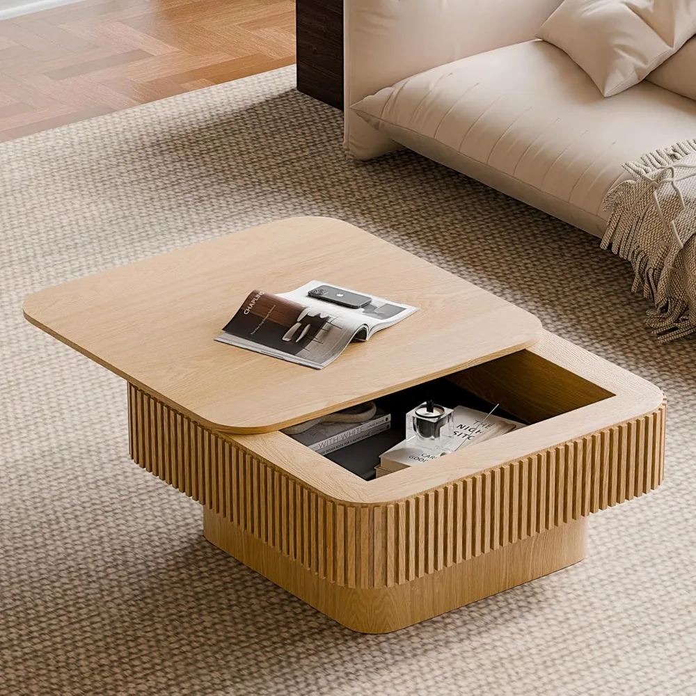 

31.5'' Square Coffee Table with Storage, Mid Century Modern Fluted Drum Center Tables with Lid, Solid Wood Modern Coffee Table