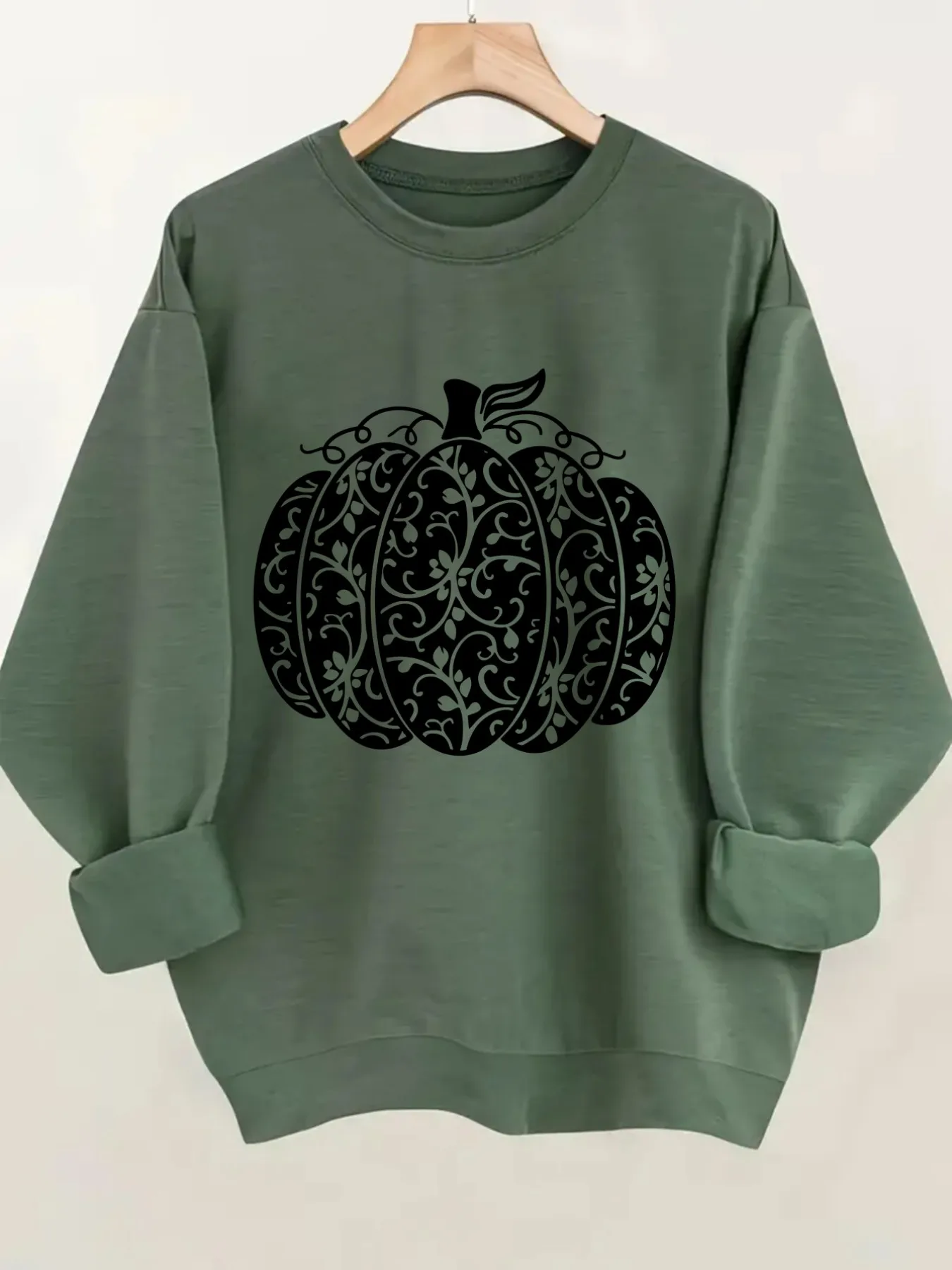 Women's Crew Neck Pullover Sweatshirt Ornate Pumpkin Design Design, Soft Casual Long Sleeve, Daily Casual Top Outfit, Winter Women's Clothing, Thanksgiving Outfit