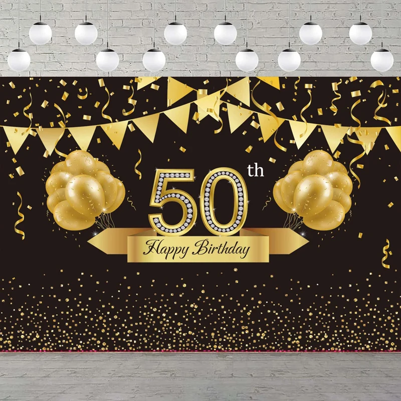 خلفية للتصوير الفوتوغرافي لحفلة عيد الميلاد الخمسين السعيدة باللونين الأسود والذهبي خلفية لامعة بكعب عالٍ للنساء بعمر 50 عامًا