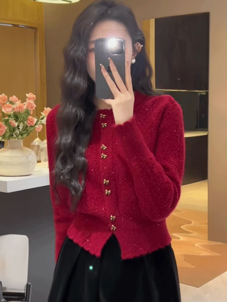 Suéter corto de moda rojo, negro y blanco para vacaciones de Navidad para mujer, cárdigan de punto para otoño e invierno, jersey superior ajustado con cuello redondo