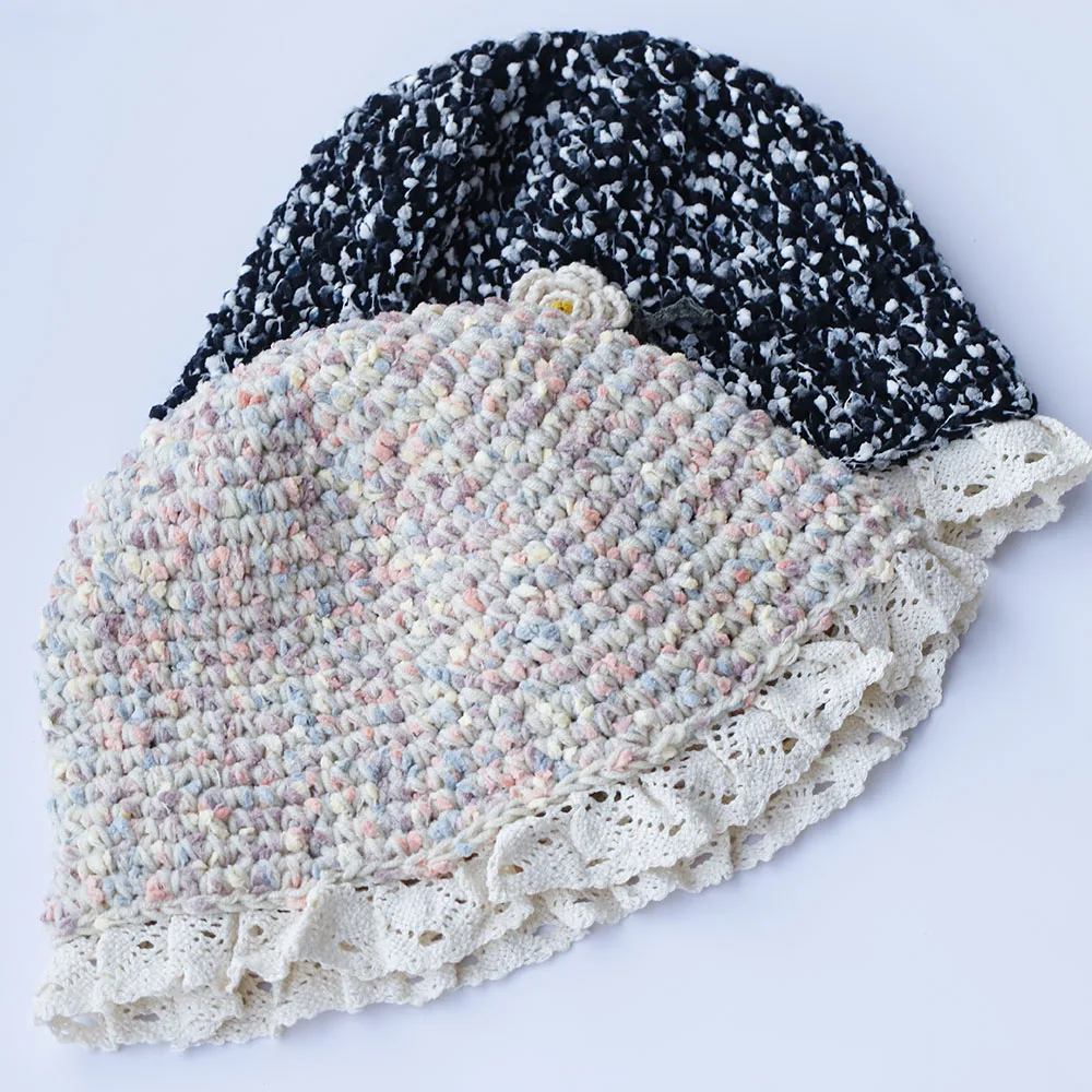 2025, neue Herbst-Winter-farbige, handgefertigte, gestrickte Eimerhüte mit Blumenmuster, vielseitige, gehäkelte, dicke Damen-Fischerhüte