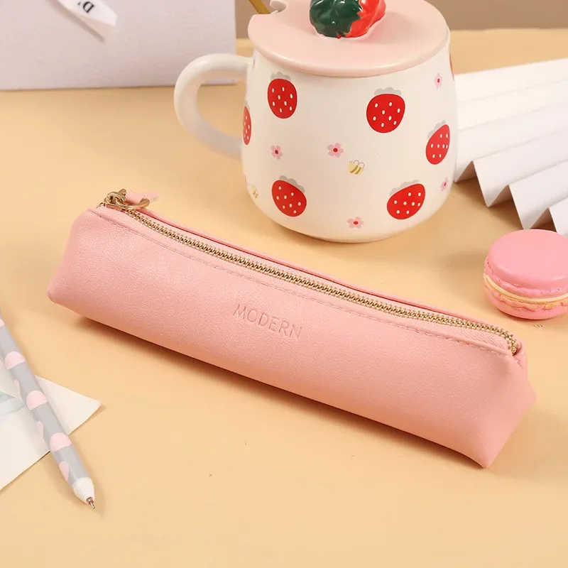 Mini Pencil Bags PU Solid Color Student Supplies Kawaii Zipper Bags Pencil Case Pouch Makeup Bag Cosmetic Bag Organizer Neceser