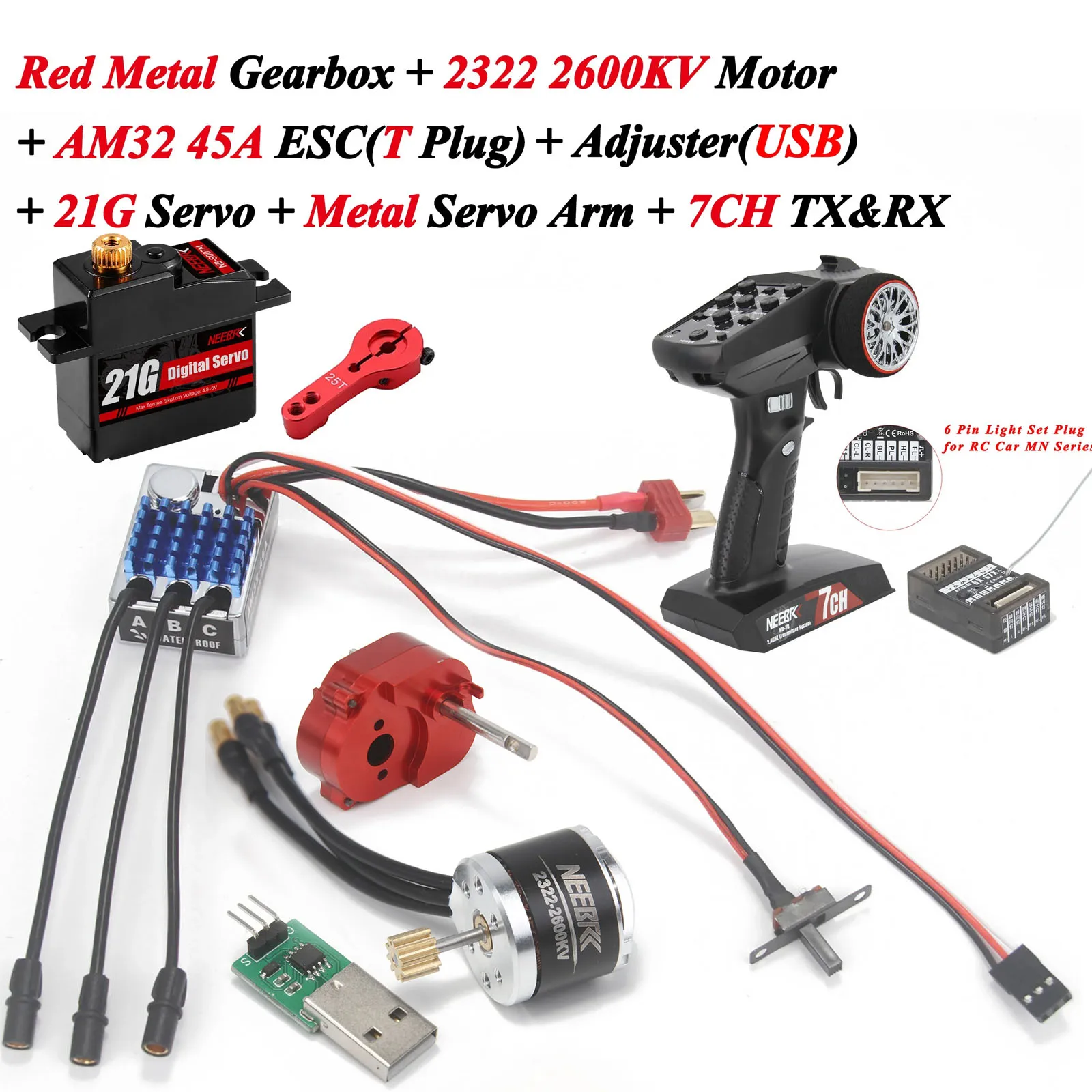 Power Combo 2322 2600KV Borstelloze Motor Metalen Versnellingsbak AM32 45A ESC 7CH Zender 21G Servo voor RC Auto MN82 MN78 MN168 MN99