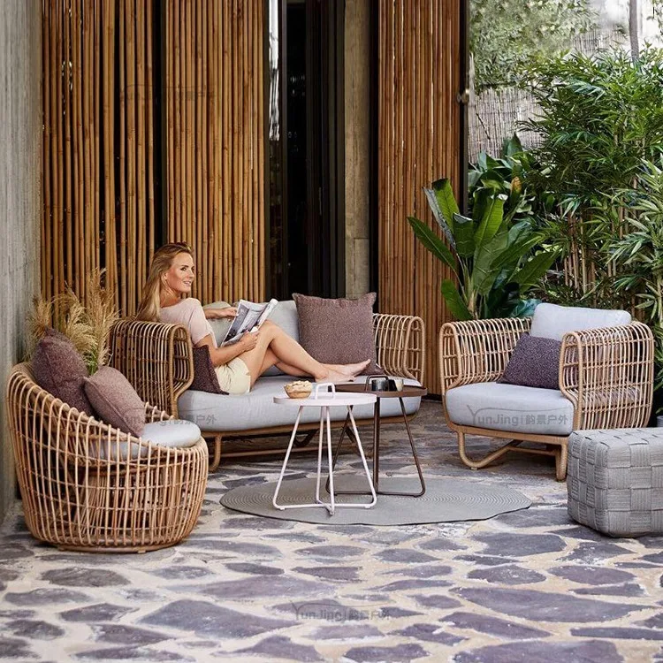 woven rattan coffee table combination simple leisure courtyard bed and breakfast balcony furniture villa indoor chair
