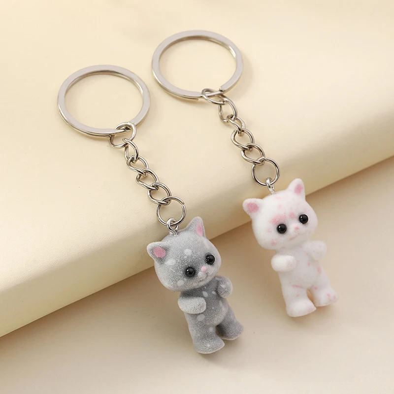 1PC Car Keys DIY Jewelry 3D Cartoon Splashing Ink Flocking Cat Keychain Cute Animal Key Ring Souvenir Gifts For Women Men