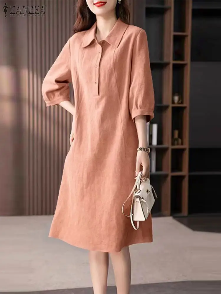 ZANZEA 2024 Summer Lantern 3/4 Sleeve Midi Dress Women Lapel Neck Shirt Dress Casual Loose Buttons Robes Korean Fashion Vestidos