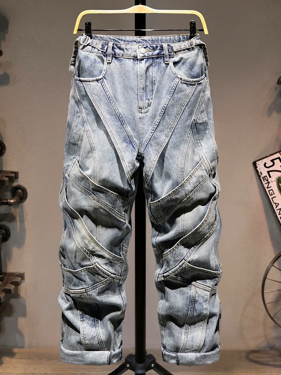 

Американские широкие джинсы High Street для мужчин: модные брендовые брюки Haome с вставками, свободные прямые брюки, молодежные универсальные брюки