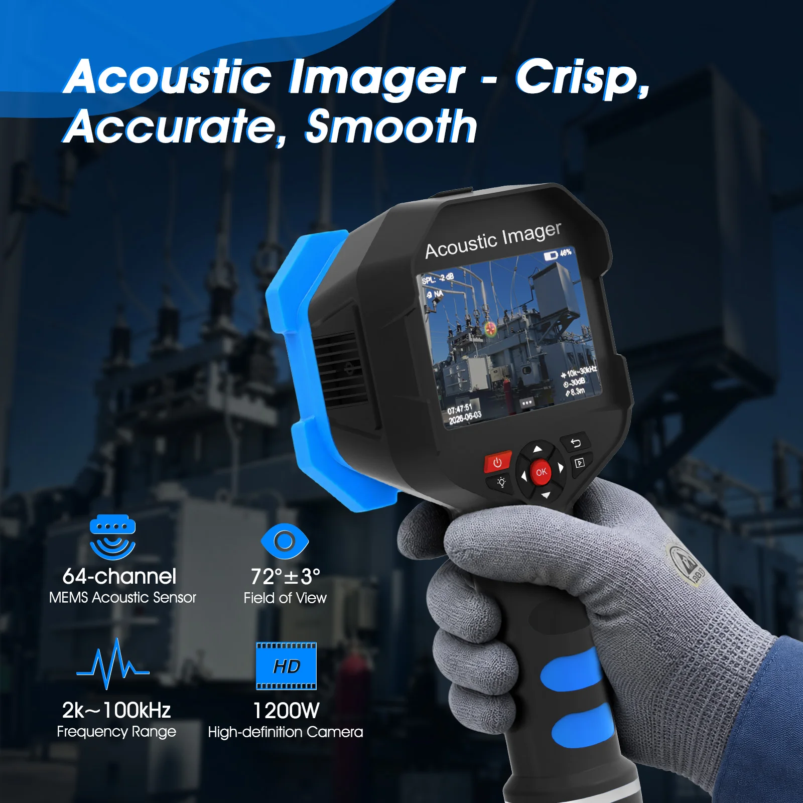 Acoustic Imaging Camera For Gas Leak Detection, 64-Channel MEMS Array, Partial Discharge & Compressed Air Leak Finder, 2-100kHz