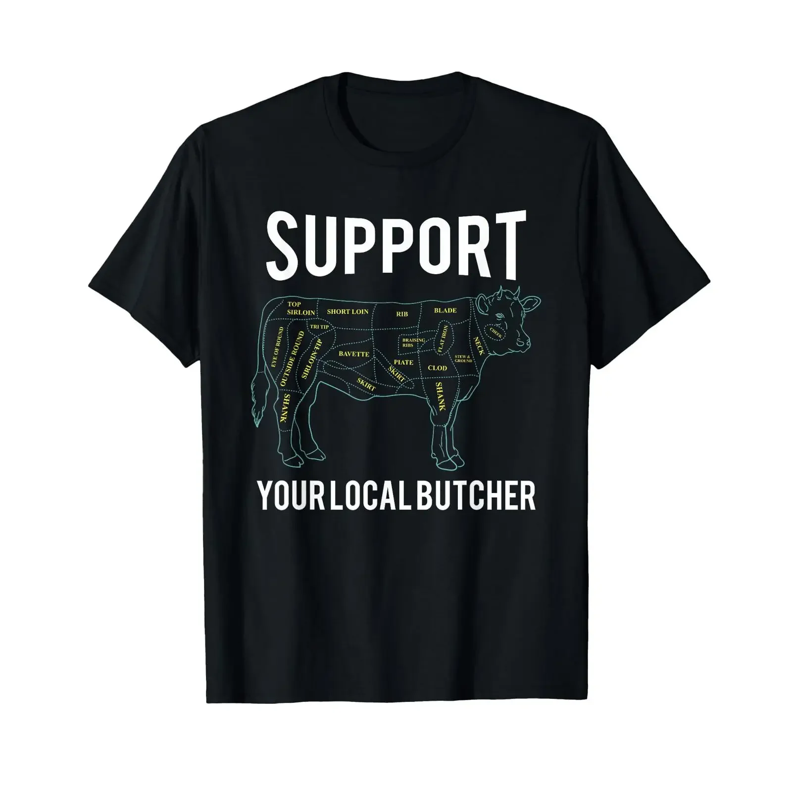 Cow Butcher Beef Cuts Diagram Support Your Local T Shirt vintage Washed fashion designer clothes streetwear Soft