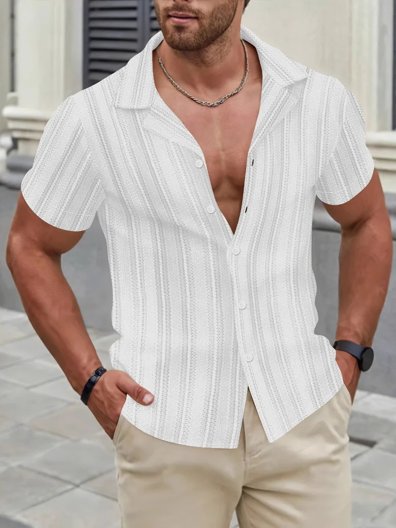 

Casual Sle Lapel Cutout Personalized ort Sve irt Slim Fit Summer Youth Faion Striped Pattern Regular Length