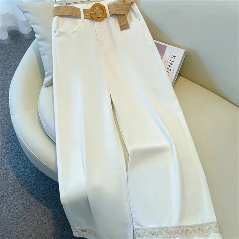 

2025 NEW Fashion White Lace Wide-leg Jeans Women's High Waist Korean Spring Summer Loose Casual Wild Straight Denim Pants Ladies