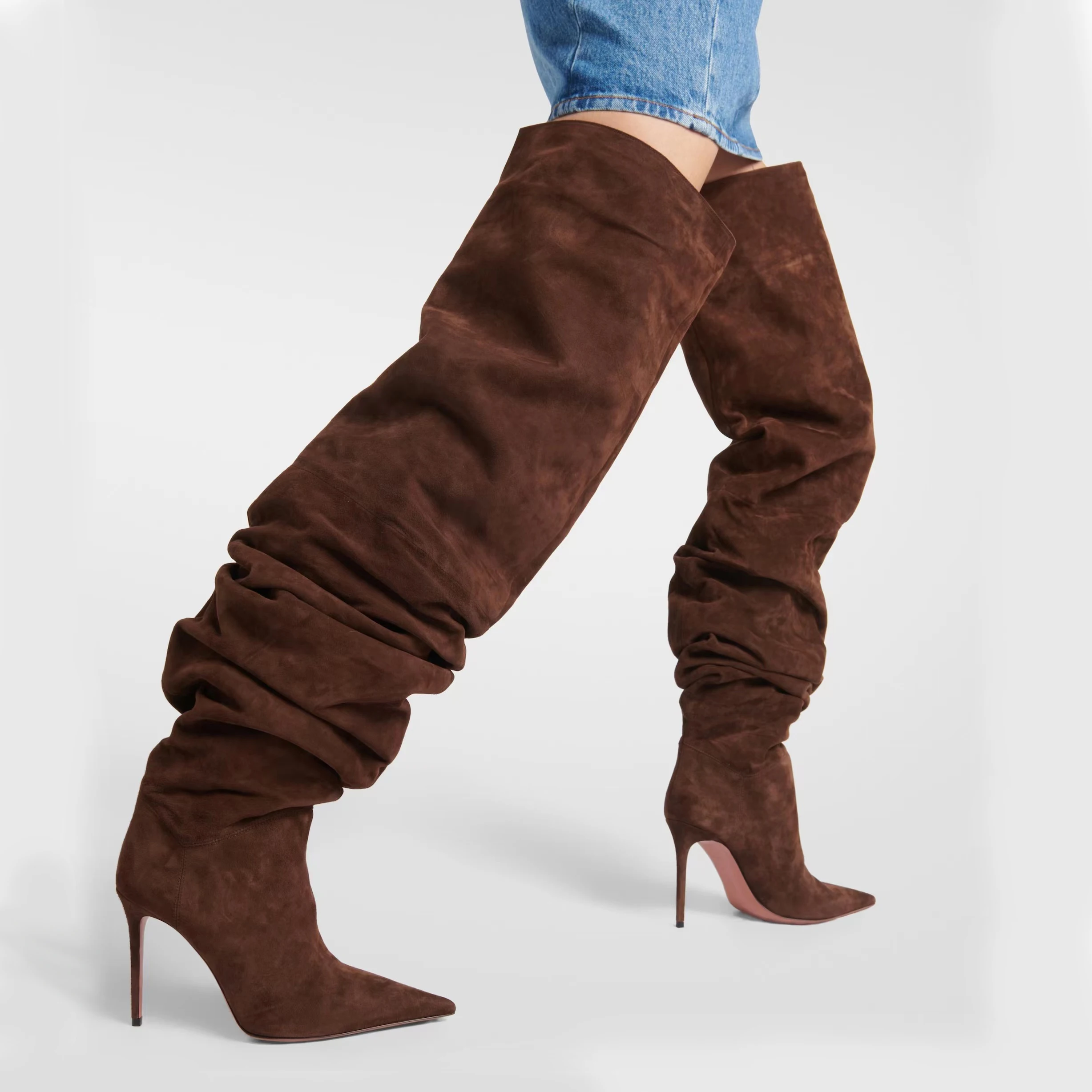 

Arden Furtado 2024 Woman's Brown suede Stiletto heels Thigh high boots Pointed toe Slip-on Pleated Super high heel denim boots