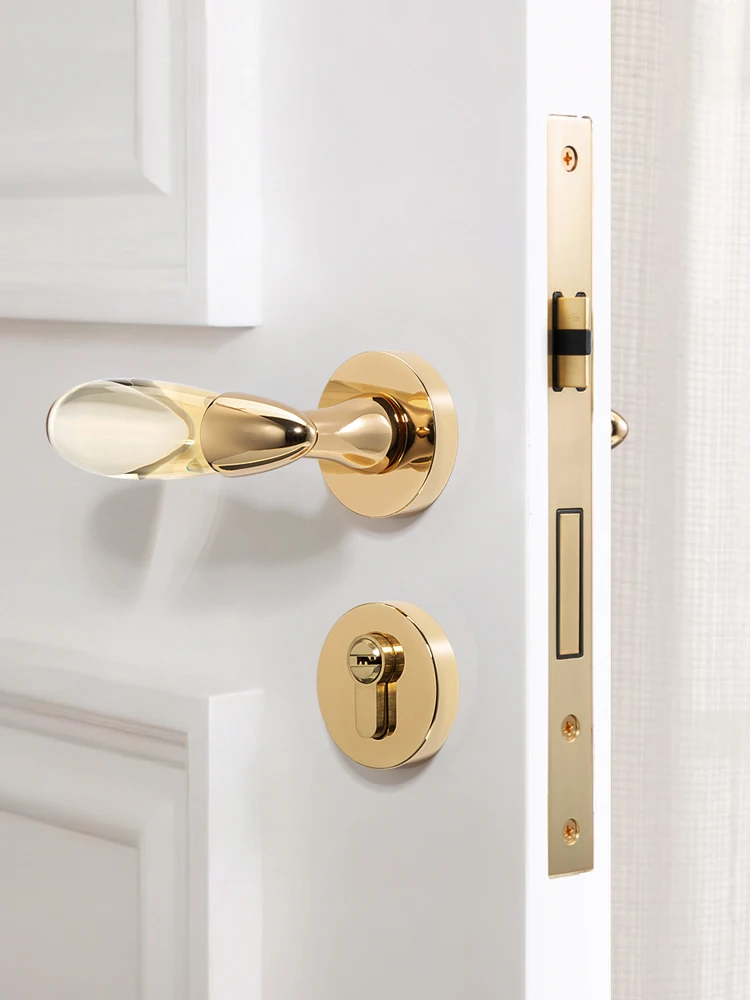 Gold Crystal + Brass Security Mute Door Lever Handle Lock For Interior Bedroom / Bathroom Privacy Bright Chromium Lock