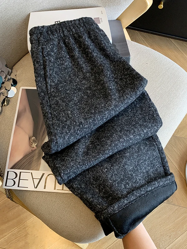 

Thiened Fce Lined Wide Leg Pants High Waist Winter Outfit Women's Premium Feel Nine-Tenths Length Woolen Trousers