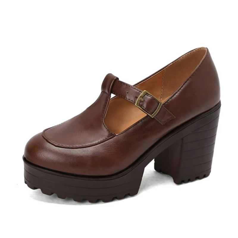 SIMLOVEYO, zapatos de tacón Punk de primavera para mujer, punta redonda, tacones gruesos de 9,5 cm, plataforma de 2,5 cm, hebilla de correa en T, marrón, negro, rojo, talla grande 41 42 43