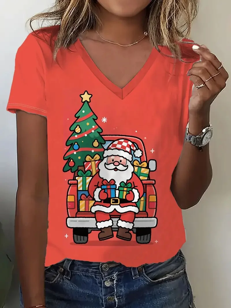 Fashion Santa Clause Graphic T-Shirts For Women Christmas Theme V-Neck Short Sleeve Tees Creative Personality Design Casual Tops