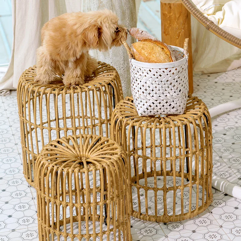 Nordic Hand-woven Stool Chair Small Rattan Chair Balcony Leisure Chair Short Stool Three-piece Home Outdoor Chair Bar Stool