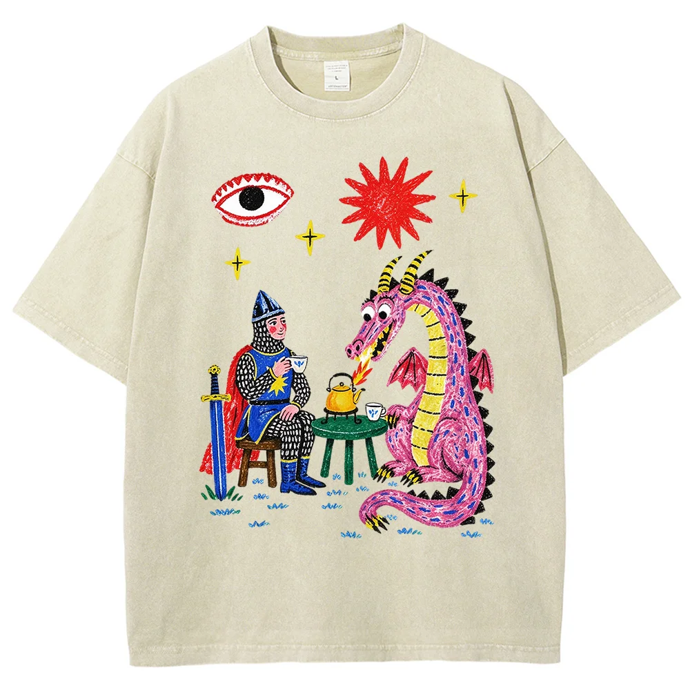 Vintage Washed Oversized T Shirt Knight Dragon Tea Time Graphic Tee Retro Fantasy Art Unisex Y2K Streetwear Short Sleeve Tops