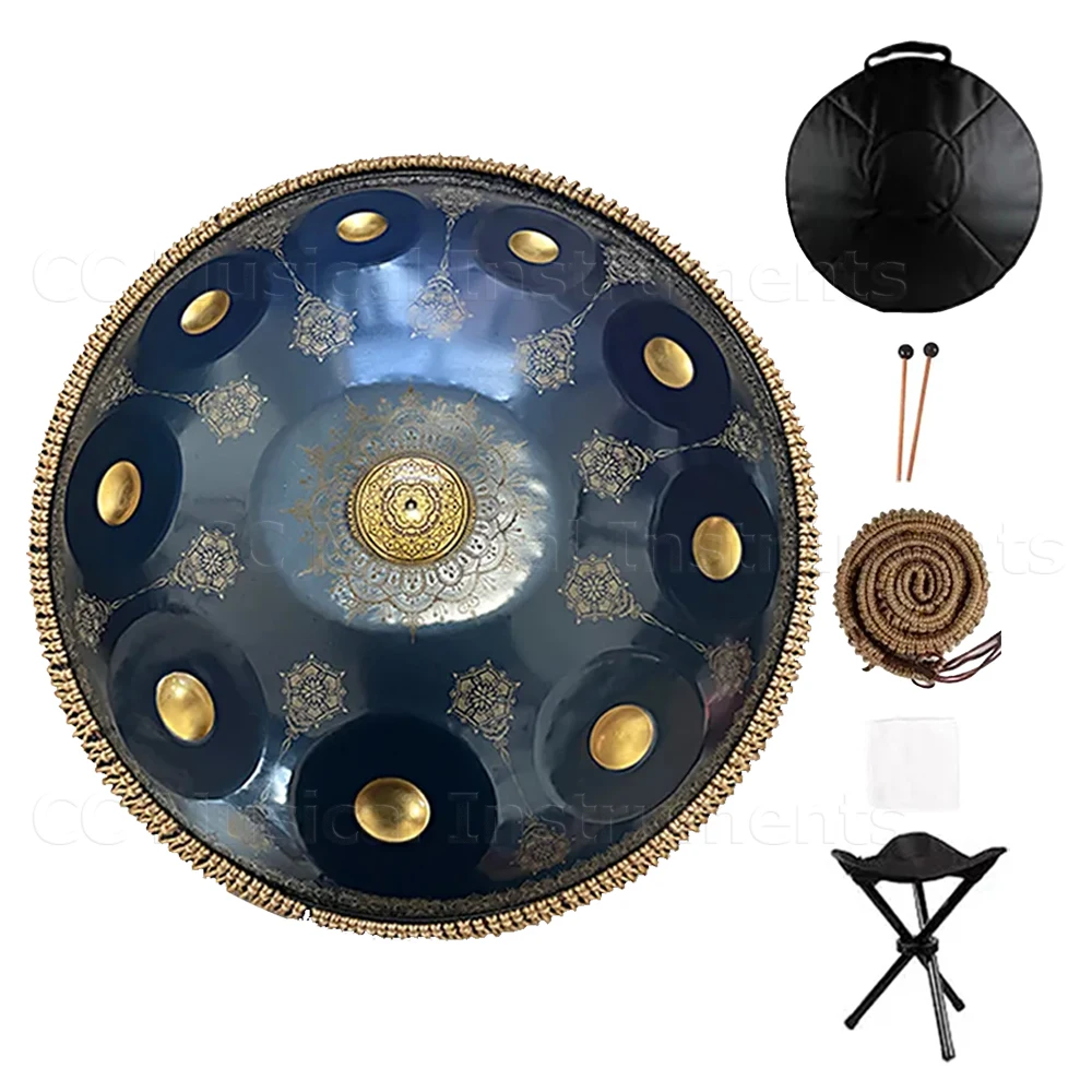 Panela de Mão em Aço Inoxidável de 22 Polegadas em Ré Menor com Notas 9/10/12/14, Padrões Florais Dourados, Instrumento Musical Profissional