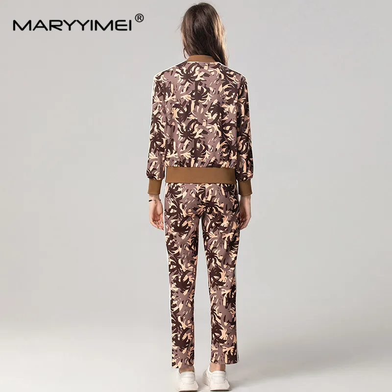 MARYYIMEI New Style Women\'s Suit Autumn and Winter Stand Collar Long Sleeved Tops+Pencil pants Unique printed 2 piece set