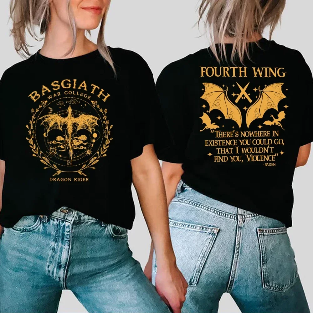 Basgiath War College Double Sided Print T-Shirt Fourth Wing Shirt Dragon Rider Tee Sorrengail Xaden Riorson Fantasy Bookish Tops