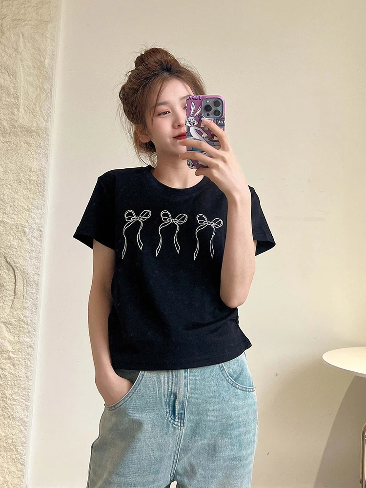 Stile coreano Chic Summer New Bow Print Casual Versatile T-shirt a maniche corte Top donna girocollo magliette grafiche