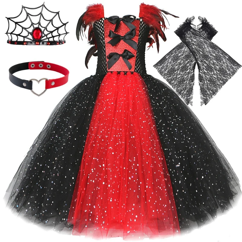 Kids' Long Sequin Tulle Dress Set in Red and Black,Queen Dress for Kids Halloween Carnival, Exquisite Party Gown for Gatherings