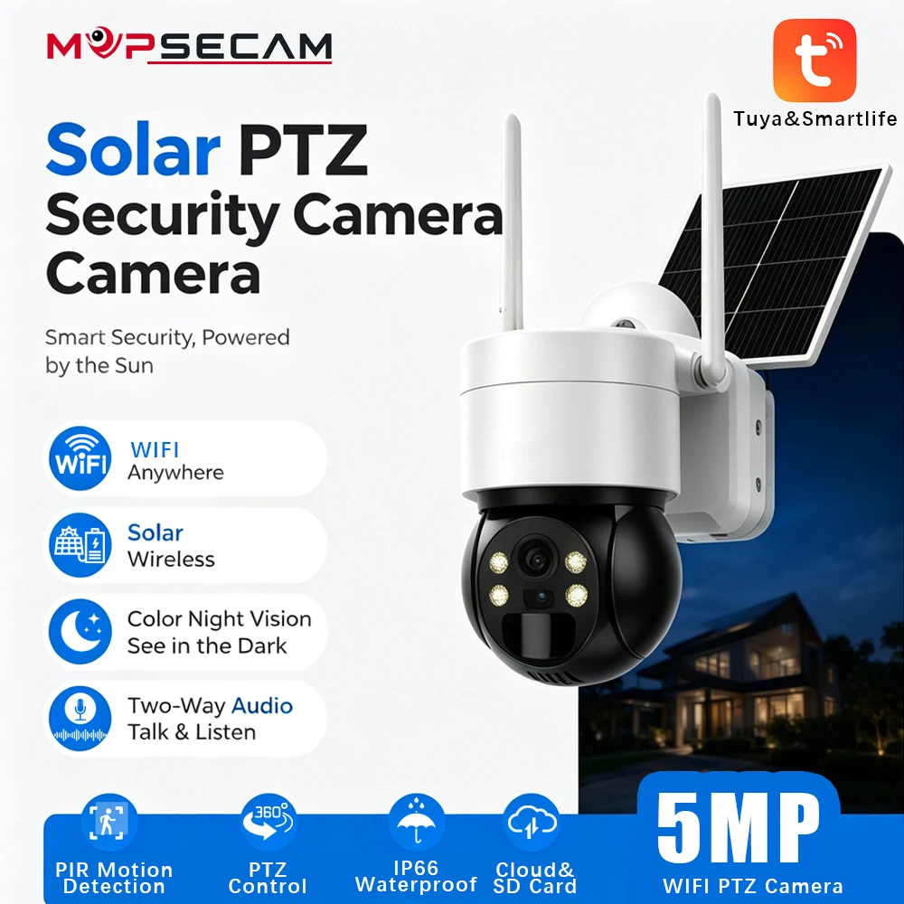5MP Solar-PTZ-Sicherheits-IP-Kamera für den Außenbereich, WLAN-fähige CCTV-Kamera, Tuya Smart Life App, PIR-Bewegungserkennung, Farbnachtsicht, Zwei-Wege-Audio, 355° °   Herr 90 °   Tilt IP66