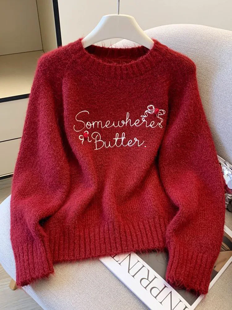 

Retro Letter Christmas Red Sweater Women Sweet Cute Lazy Wind Knitted Pullover Korean Casual Long Sleeve Lady O Neck Soft Jumper