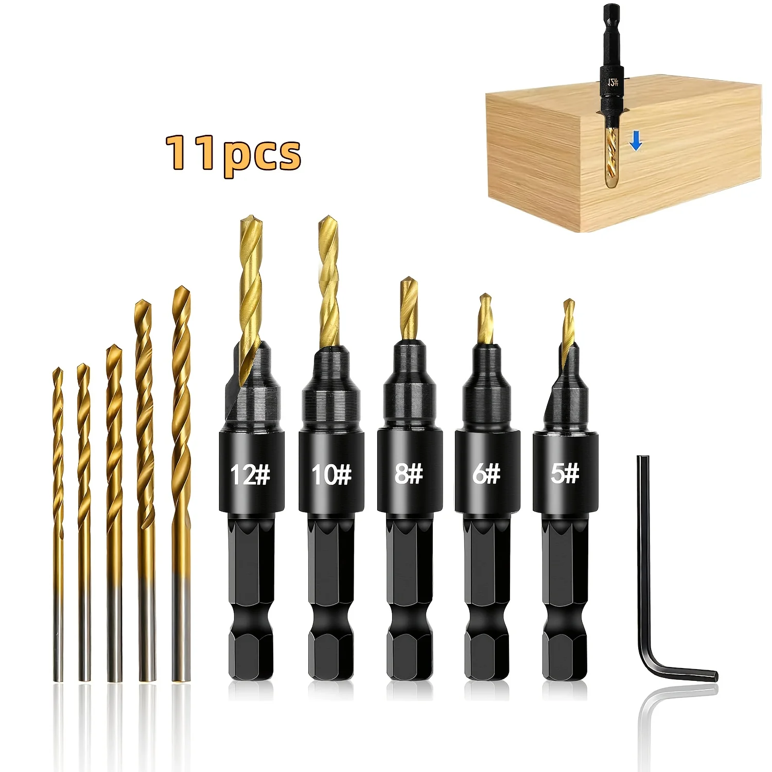 Senkbohrer-Set, 11-teilig, Verstellbare Senkbohrer # 4, # 6, # 8, # 10, # 12, Präzises Bohren, Einfach zu demontieren