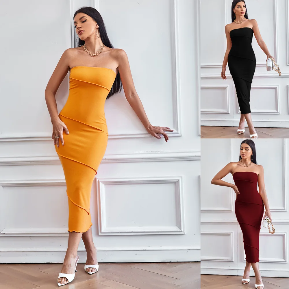 

BKLD 2024 Spring Summer New Y2k Clothes Women Sexy Strapless Dress Solid Color Beach Bodycon Long Dresses Party Clubwear