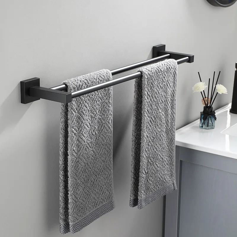 Matte Black Aluminium Bathroom Double Towel Shelf Rack Holder Bath Towel Hanger Bar Square DesignTowel Rail Bathroom Accessories