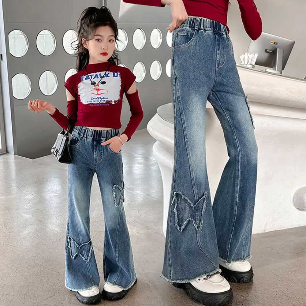 Retro High Street Bootcut Butterfly Jeans for Girls Y2K Slim Fit Micro-Flared Denim Pants Kids Elegant Trousers 4-14 Years
