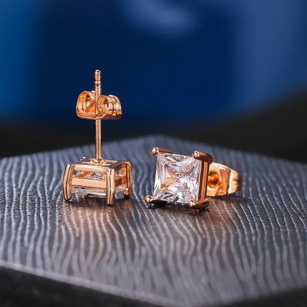 1 Pair Trend Square Zircon Piercing Stud Earrings For Men Women Classic Gold Silver Color Ear Accessories Fashion Jewelry