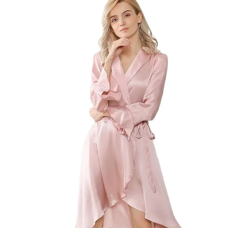 BirdTree, 100%Real Silk Simple Night-robe, Women V Neck Long Sleeve, Elegant Sweet Pajamas Robe, 2024 Summer Autumn P47231QC