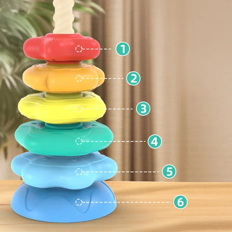 Baby Rotating Rainbow Tower Baby Stacking Puzzle Toys Safety and Environmental Protection Colored Children's Montessori Toys