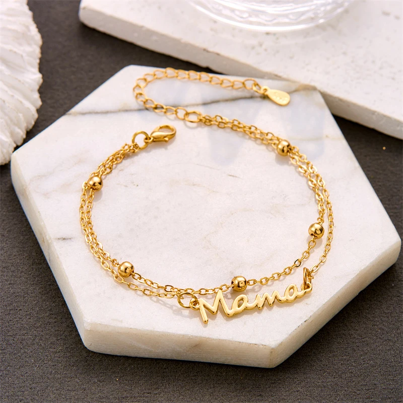 Women's Mama Charm Bracelet, Double Layer Chain Design