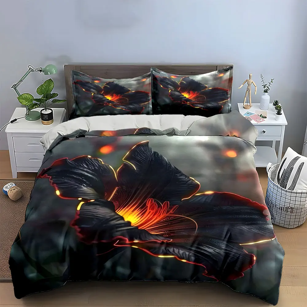 3Pcs Black Lily Bedding Set, Glowing Dark Flower Print Duvet Cover + 2 Pillowcases, Mystical Floral Decor