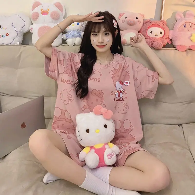 

Kawaii Sanrio Hello Kitty Summer New Short Sleeved Kt Cat Cartoon Short Pajamas Cute Set Home Wear Anime Cartoon Round Neck New