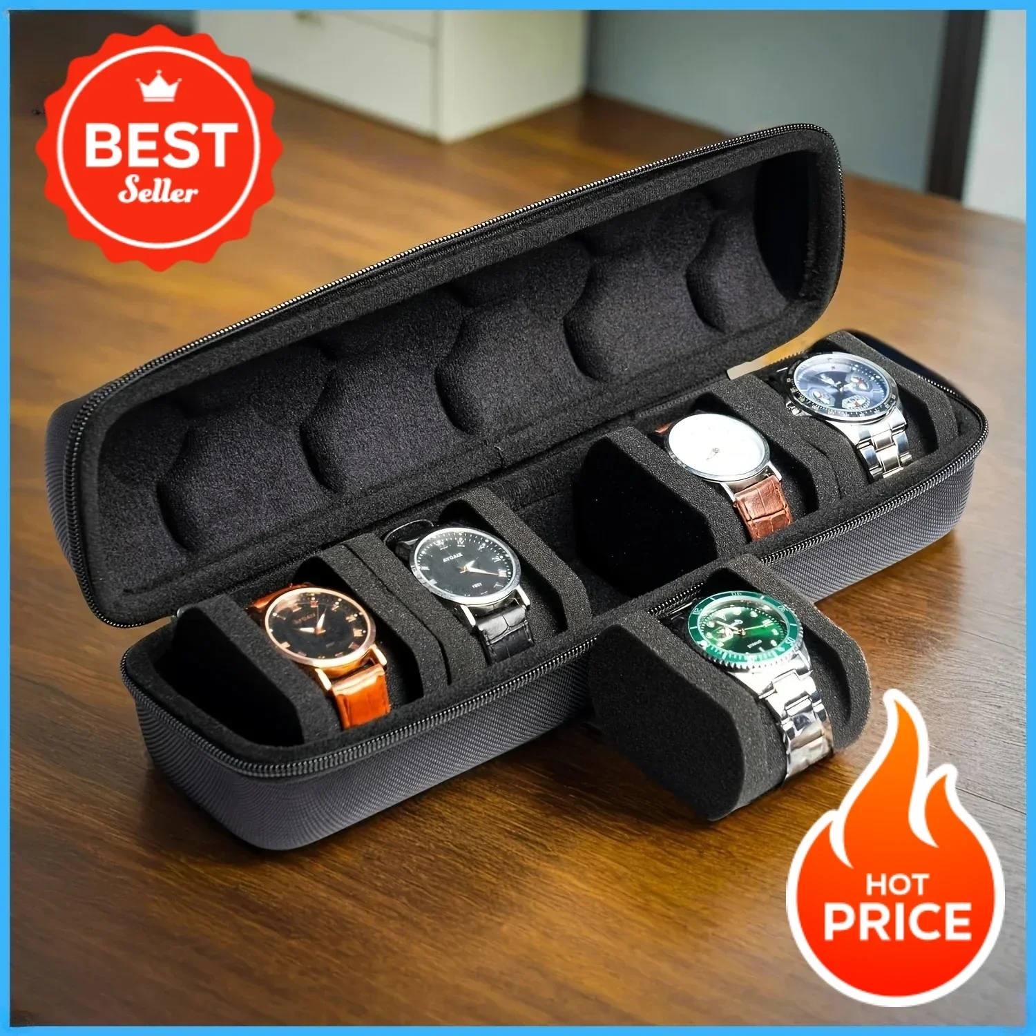 1 custodia per orologi con 5 scomparti | Organizzatore da viaggio con guscio rigido e cuscino interno – pronto per essere regalato (nero), ideale per riporre smartwatch.