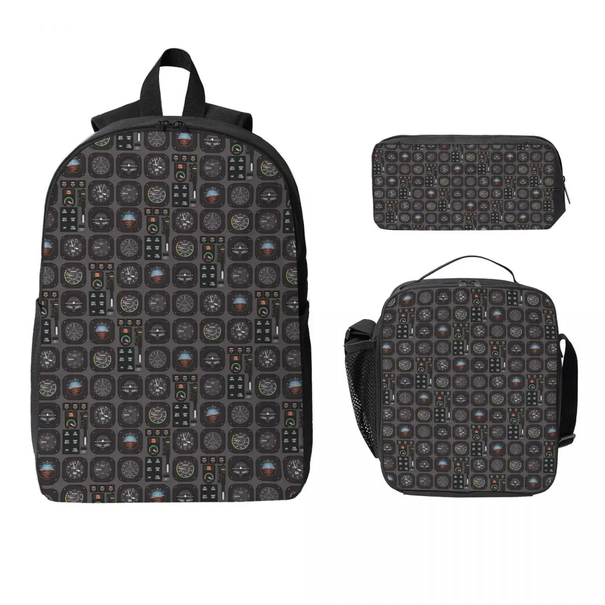 Pilot Flight Instruments Backpack Boys Girls BookBag School Bag Computer Shoulder Bags 3ps Insulated Lunch Bag Pencil Case