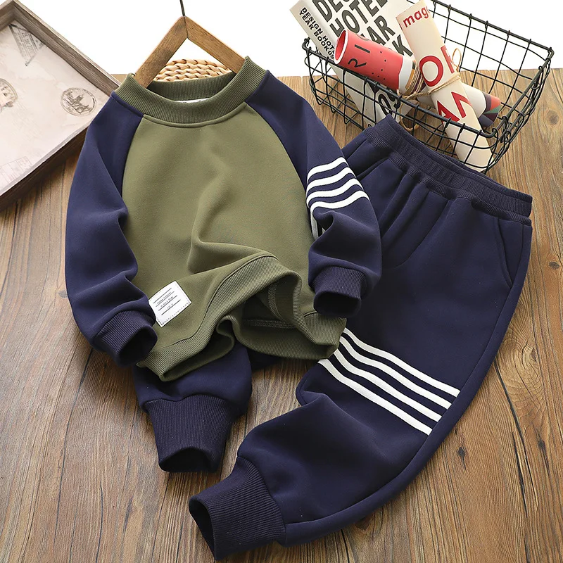 Spring Autumn Children Boy Plus Velvet Tracksuit Children Boy Contrast Sweatshirt+Sport Pants Child Jogger Workout Set 5-14Yrs