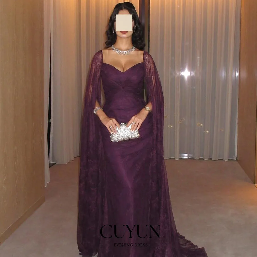 

CUYUN темно-фиолетовое кружевное вечернее платье с накидкой и рукавами, Саудовские Дубай, длинные платья для выпускного вечера, женские платья для торжественных мероприятий по индивидуальному заказу 2026