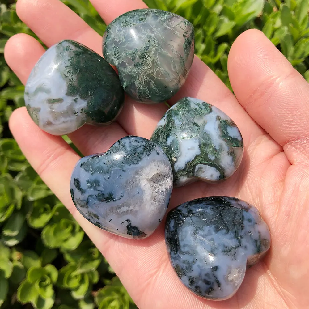 1pc Random Natural Moss Agate Heart Carvings Quartz Crystal Healing Stones Reiki Home Room Decoration Palmstone Fengshui Gift