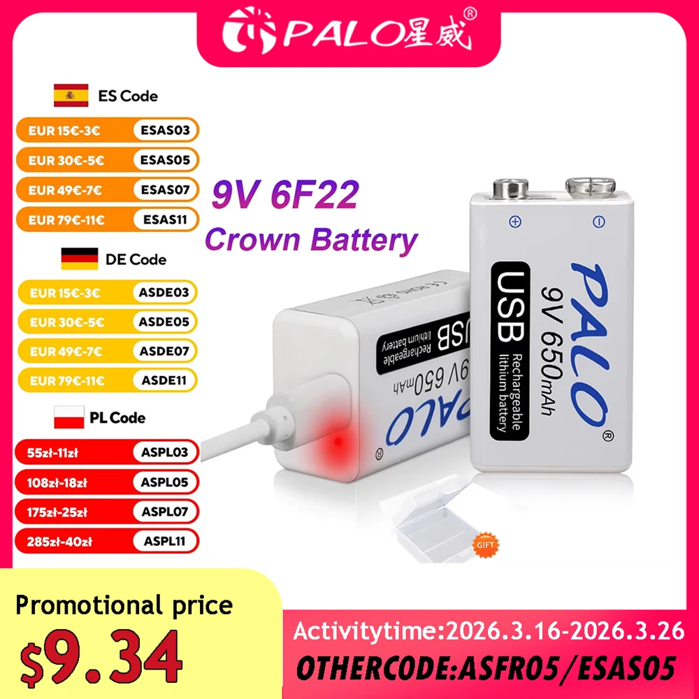 9V 6F22 Rechargeable Battery 650mAh Micro USB 9 Volt Lithium Li-ion 9v Batteries for Multimeter KTV Microphone Metal Detector