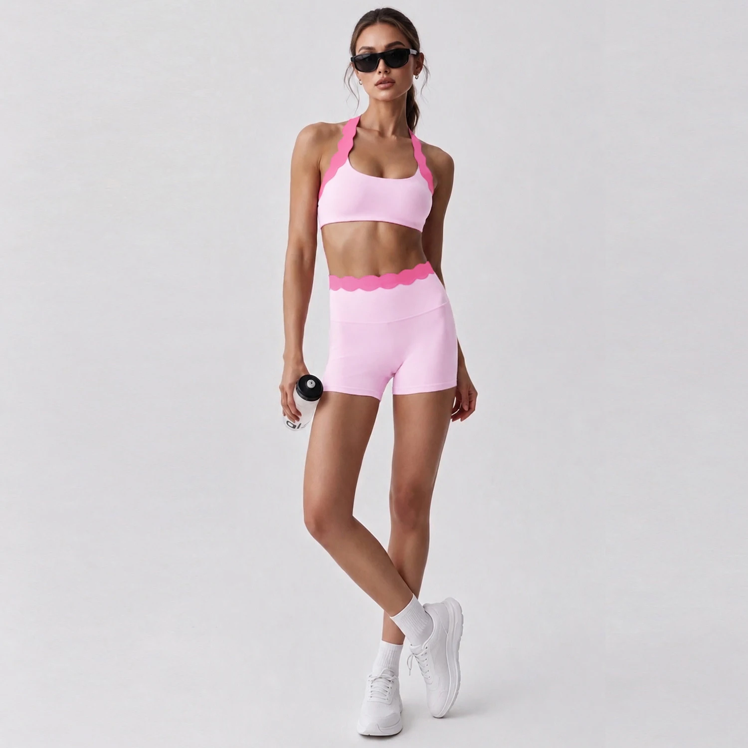 Shell Lace Halter Neck Bra Tight Quick-Dry Sports Backless Color-Block Slim Fit Workout Pants Solid Color Summer Yoga Outfit Set