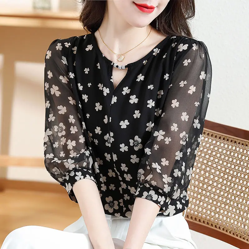 Women\'s Clothing Fashion Casual Printed Half Sleeve Chiffon Blouse Summer New Female Korean All-match Hollow Out Spliced Shirt