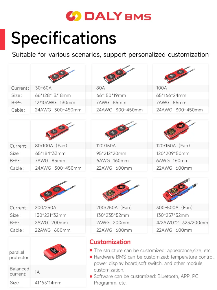 DALY Smart Lifepo4 BMS 3S 4S 8S 10S 12S 13S 16S 24S 12V 24V 36V 48V BMS con BT y módulo paralelo 1A para paquetes de baterías 18650
